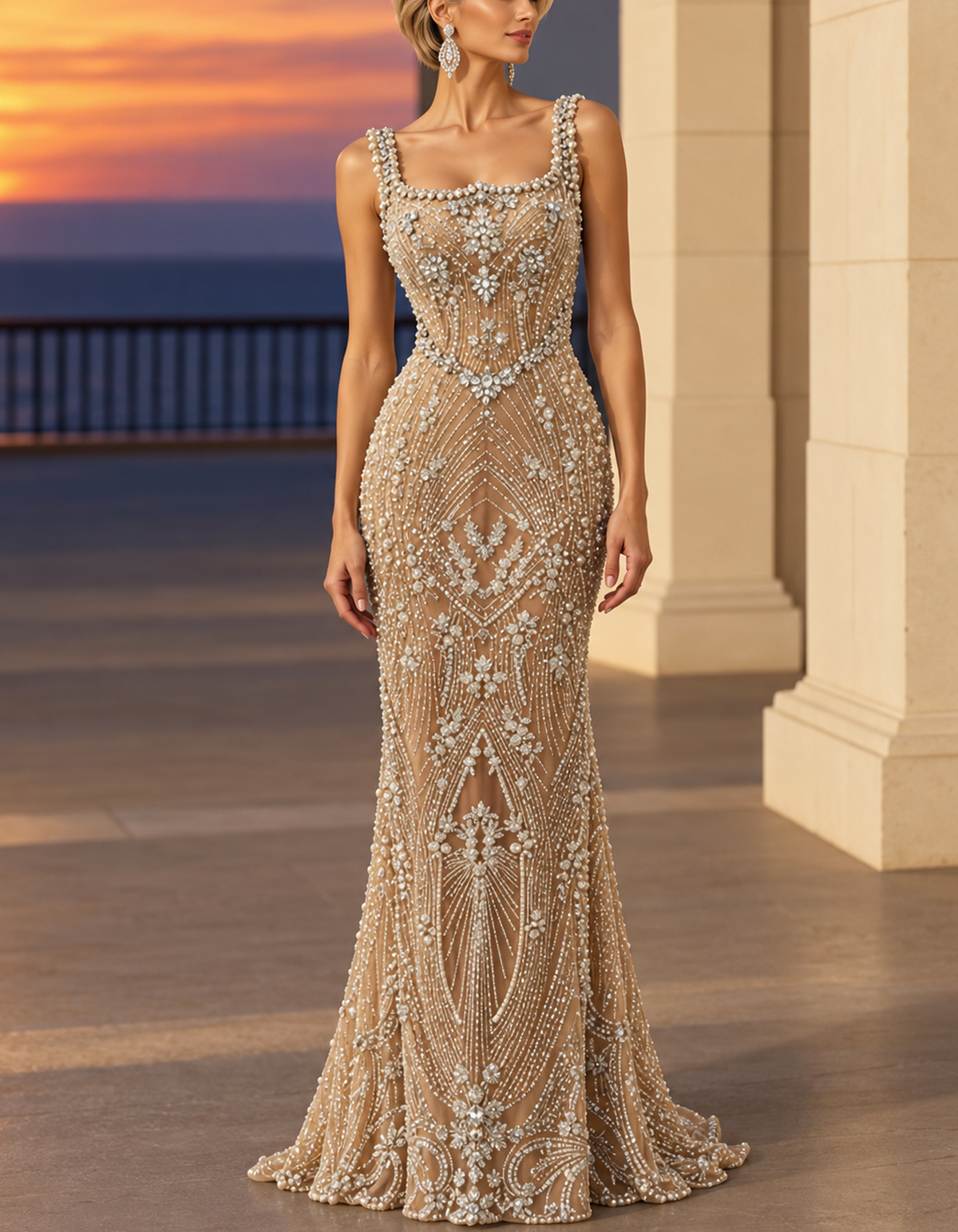 Champagne Nude Square Neck Beaded Strap Mermaid Evening Gown