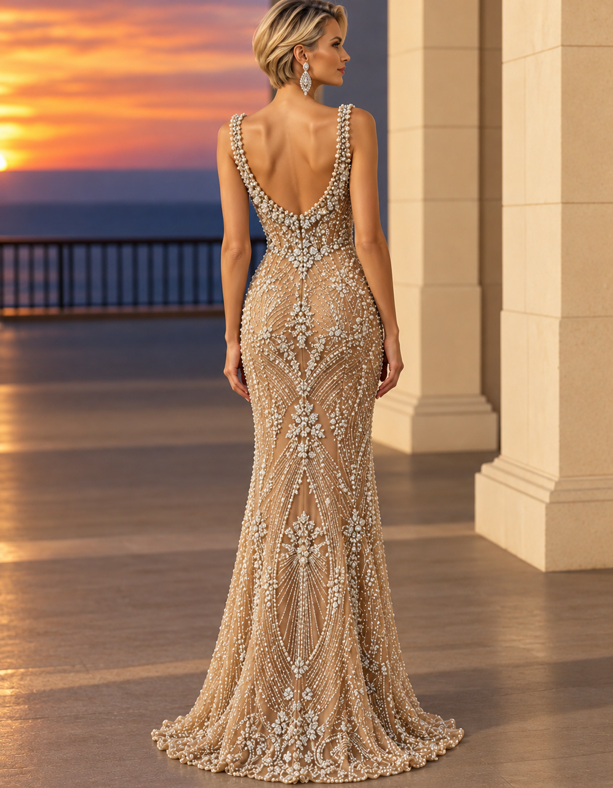 Champagne Nude Square Neck Beaded Strap Mermaid Evening Gown