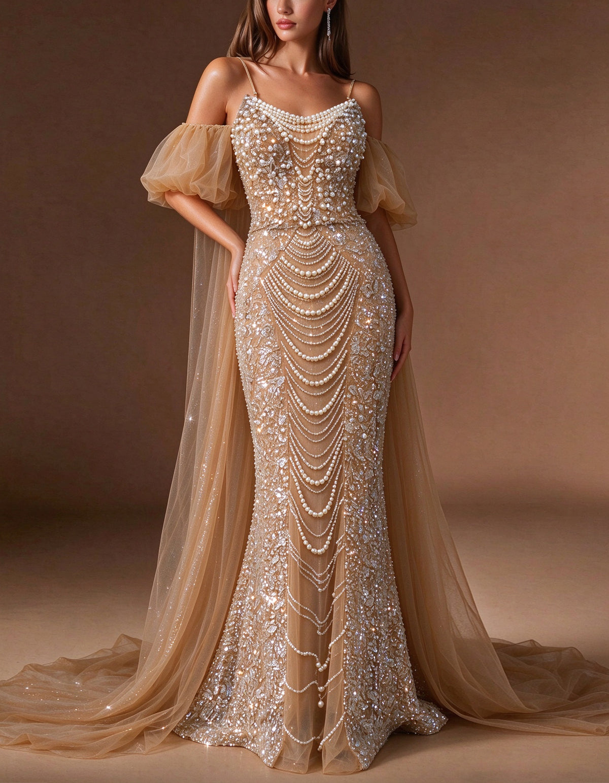 Champagne Colored Pearl Beaded Mermaid Evening Gown