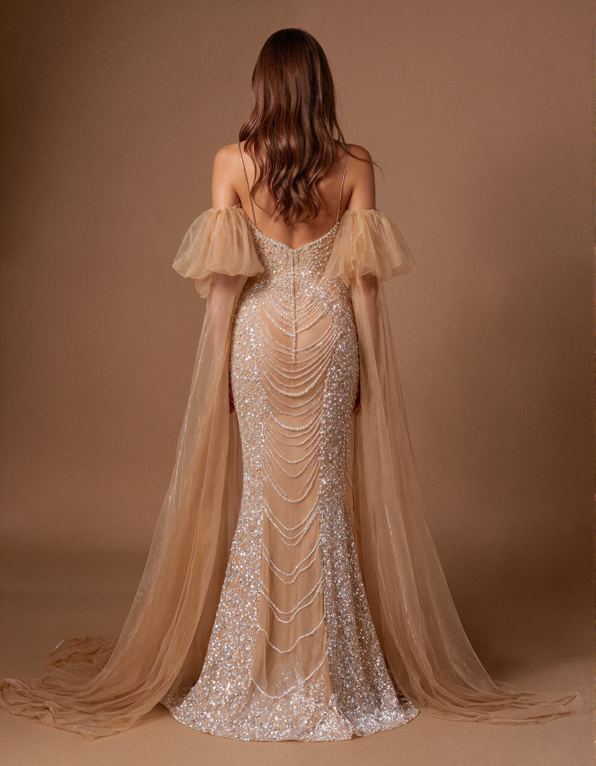 Champagne Colored Pearl Beaded Mermaid Evening Gown