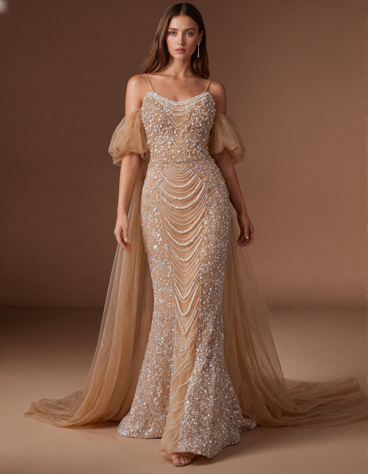 Champagne Colored Pearl Beaded Mermaid Evening Gown