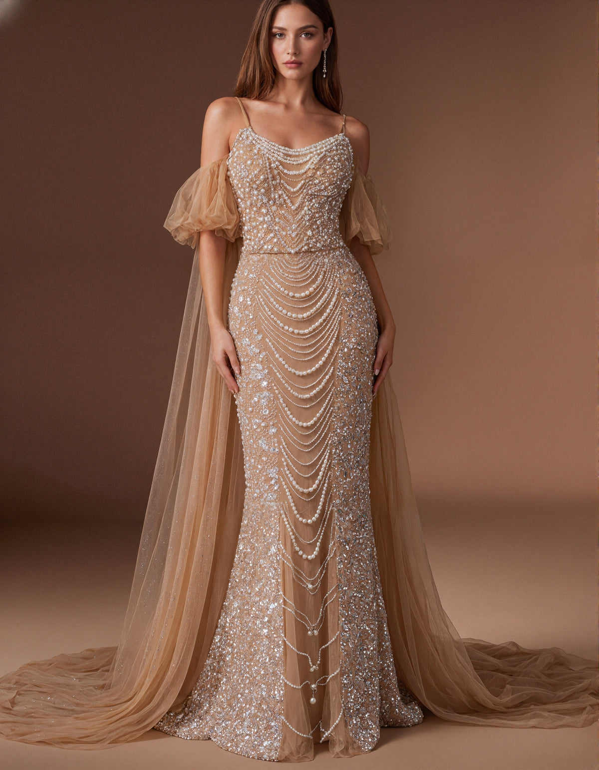 Champagne Colored Pearl Beaded Mermaid Evening Gown