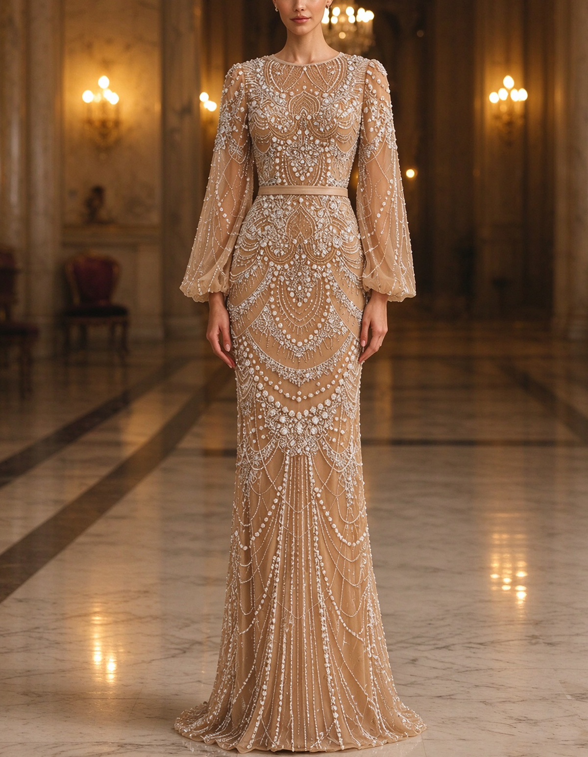 Champagne Nude Illusion Round Neck Long Puff Sleeve Mermaid Evening Gown