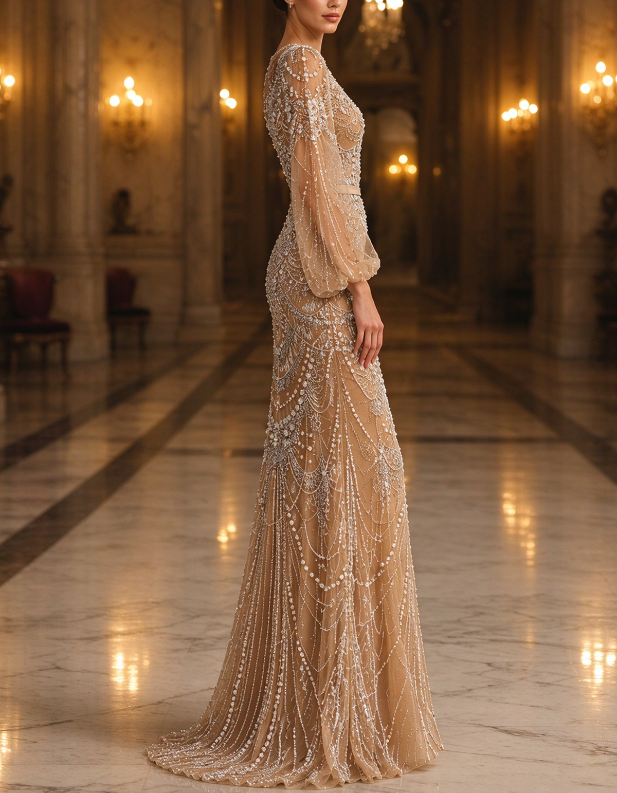 Champagne Nude Illusion Round Neck Long Puff Sleeve Mermaid Evening Gown