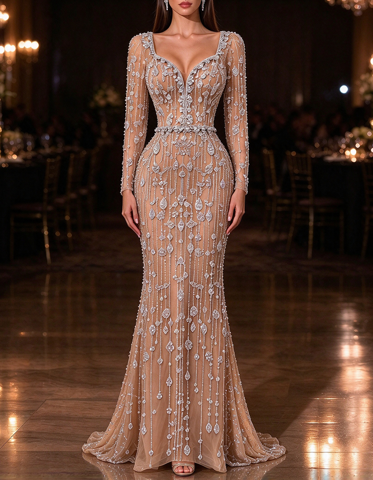 Heavy Beaded Square Neck Long Sleeve Mermaid Evening Maxi Dress
