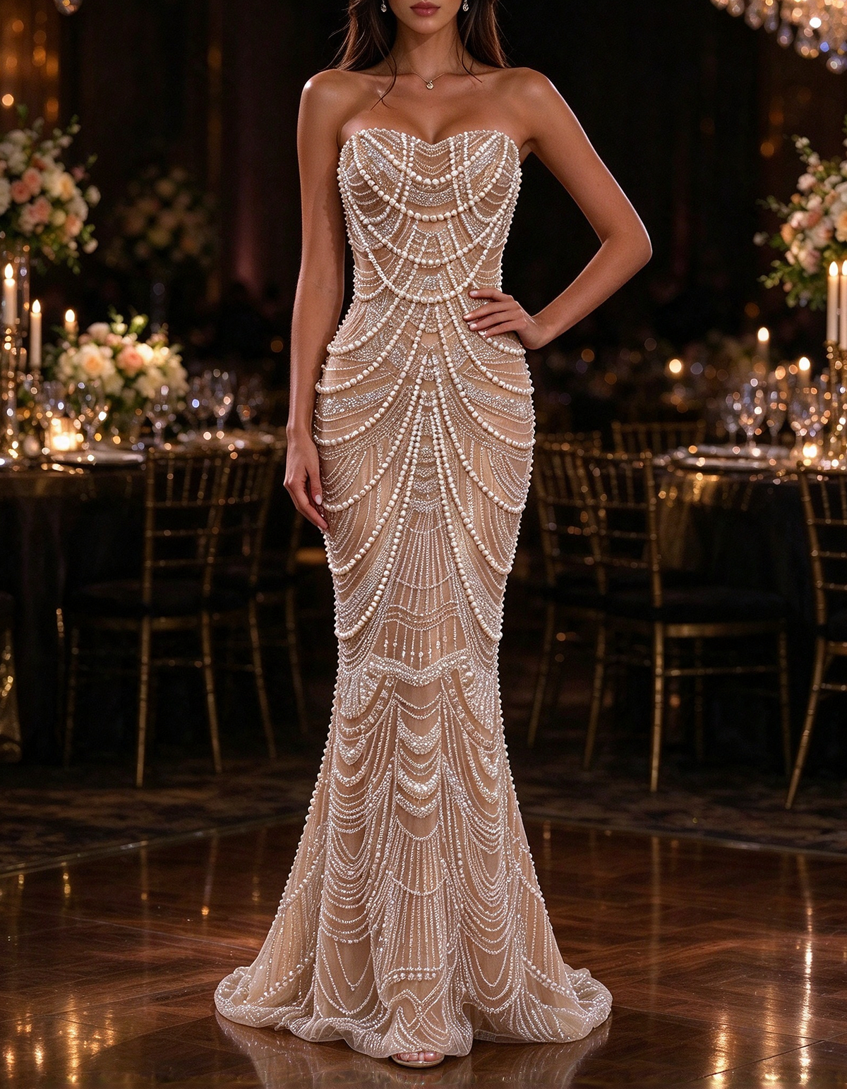 Champagne Heavy Beaded Strapless Pearl Chain Mermaid Evening Maxi Dress