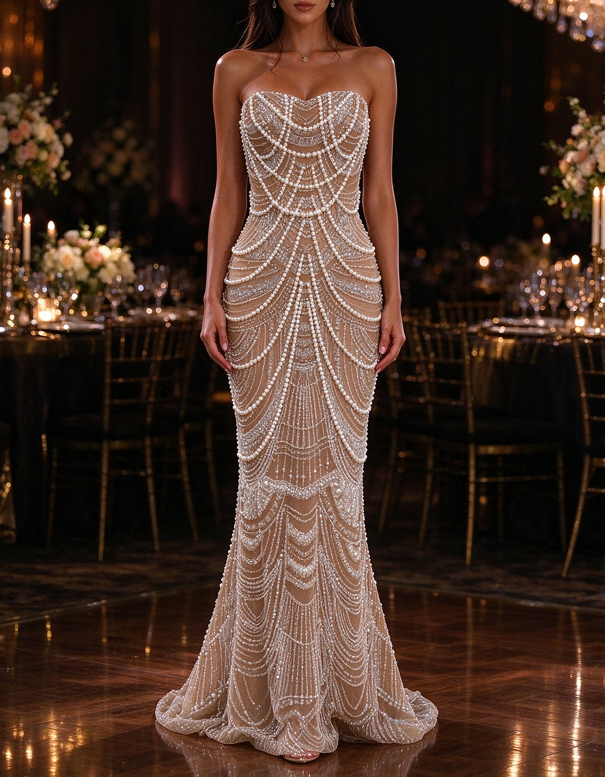 Champagne Heavy Beaded Strapless Pearl Chain Mermaid Evening Maxi Dress