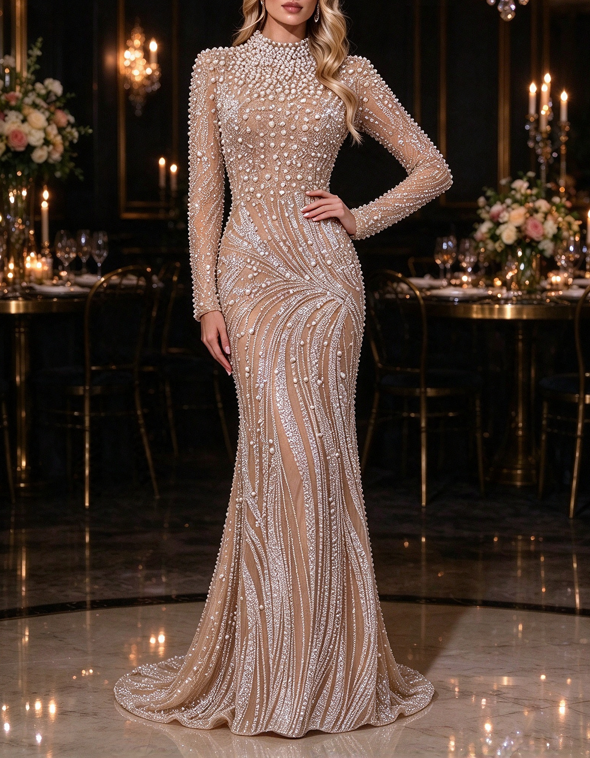 Champagne Heavy Beaded High Neck Long Sleeve Mermaid Evening Maxi Dress