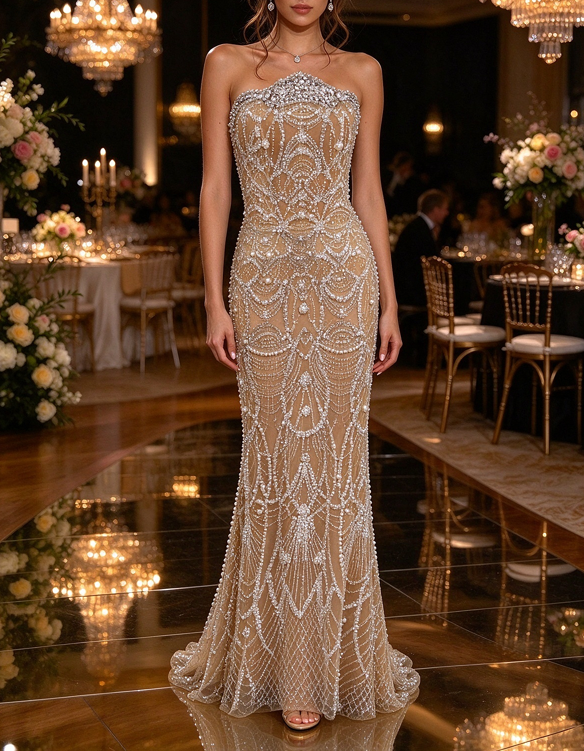Champagne Heavy Beaded Strapless Diamond Pearl Chain Mermaid Maxi Dress