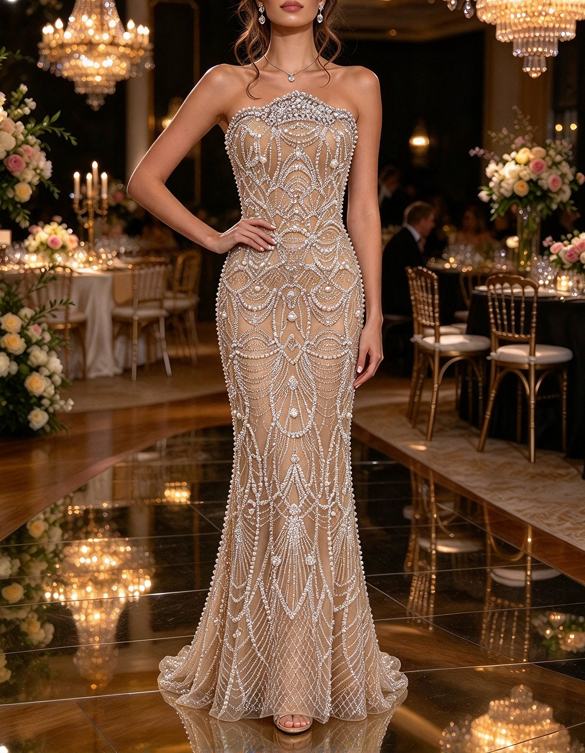 Champagne Heavy Beaded Strapless Diamond Pearl Chain Mermaid Maxi Dress