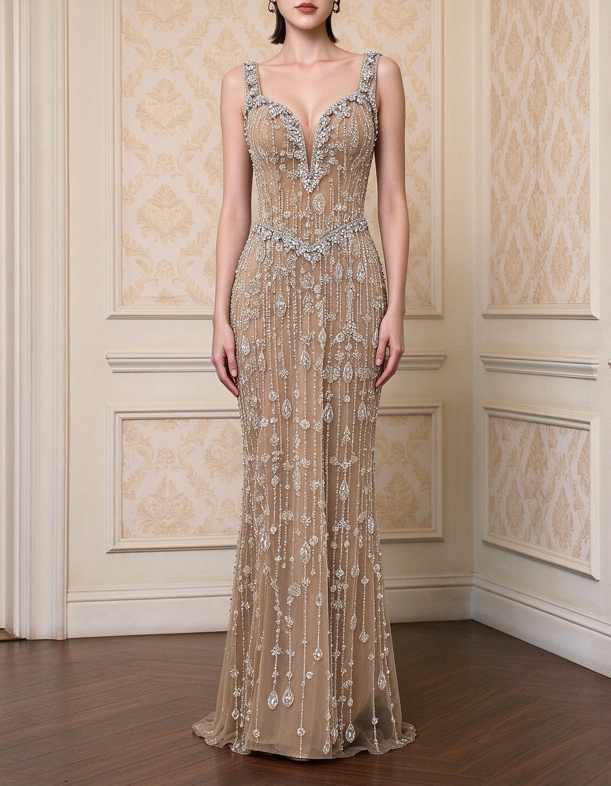 Light Champagne Heavy Beaded Spaghetti Strap Diamond Chain Maxi Dress