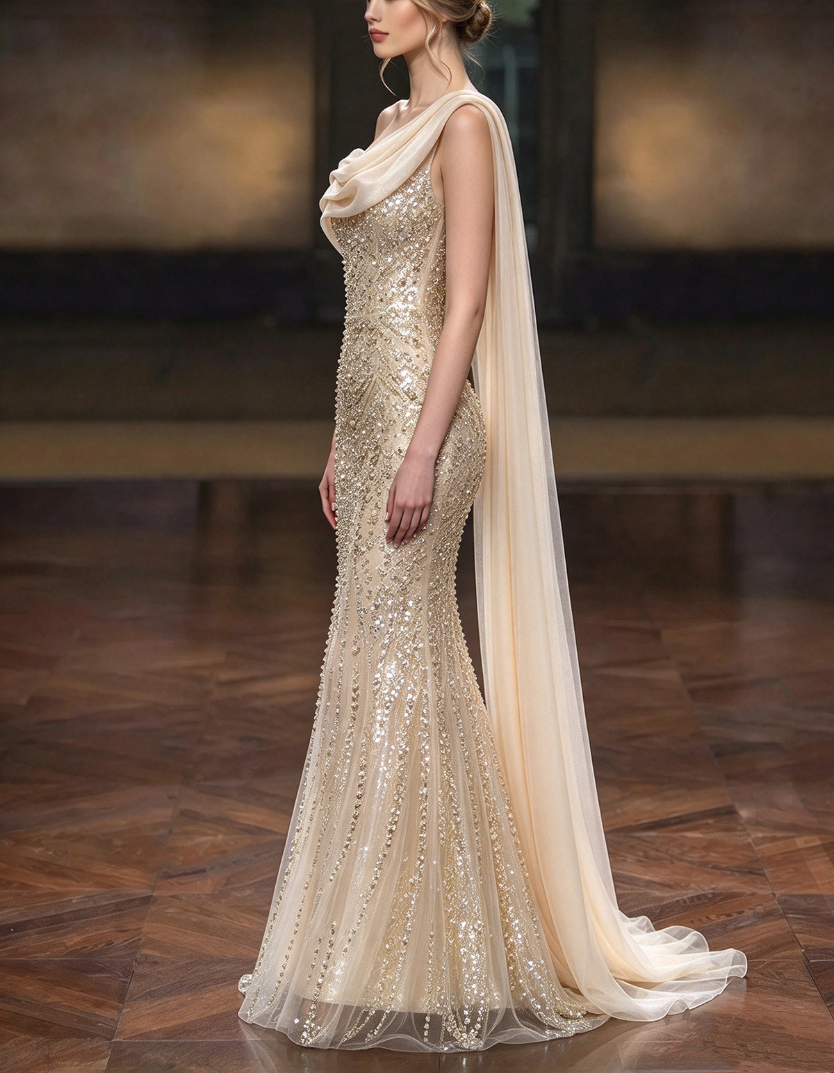 Champagne One-Shoulder Cape Sequin Beaded Maxi Dress