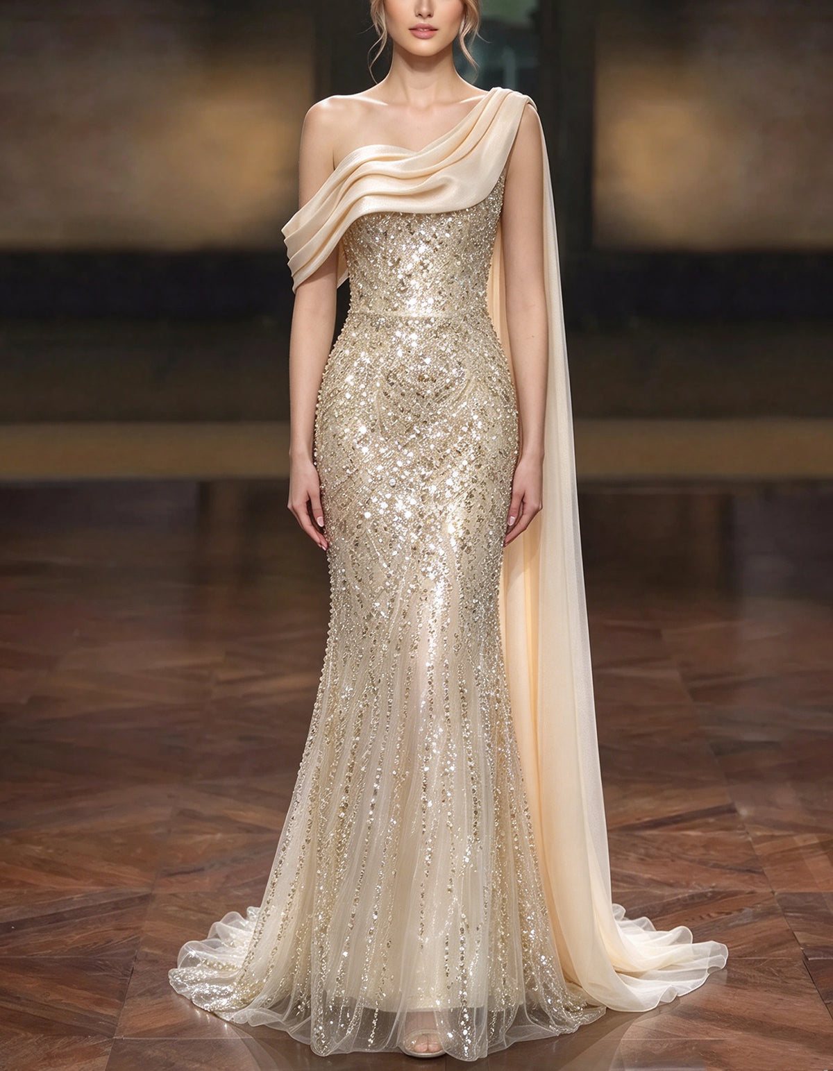Champagne One-Shoulder Cape Sequin Beaded Maxi Dress