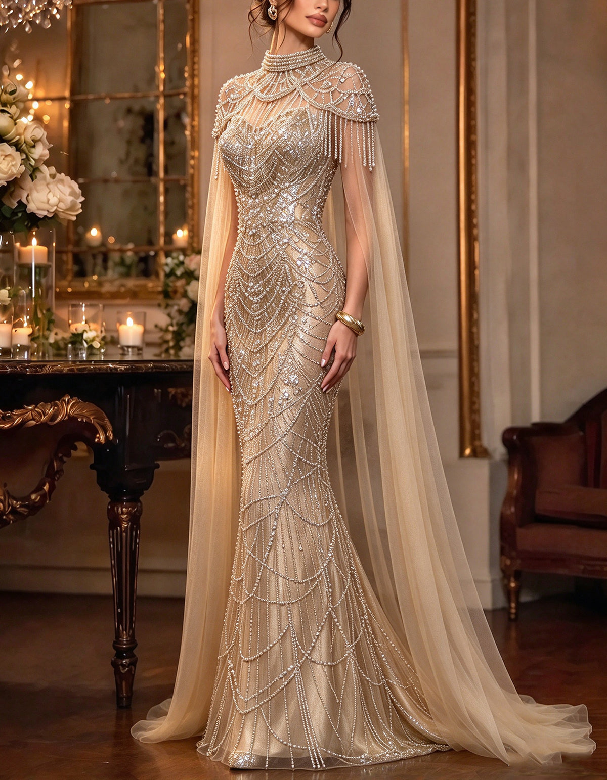 Champagne High Neck Beaded Cape Tulle Maxi Dress