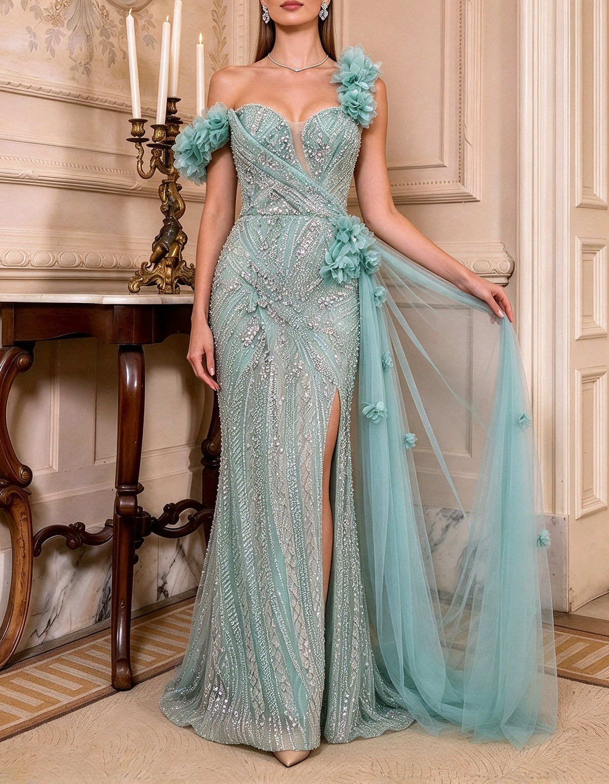 Teal Blue Heavy Beaded One-Shoulder 3D Floral Mermaid Evening Maxi Dress