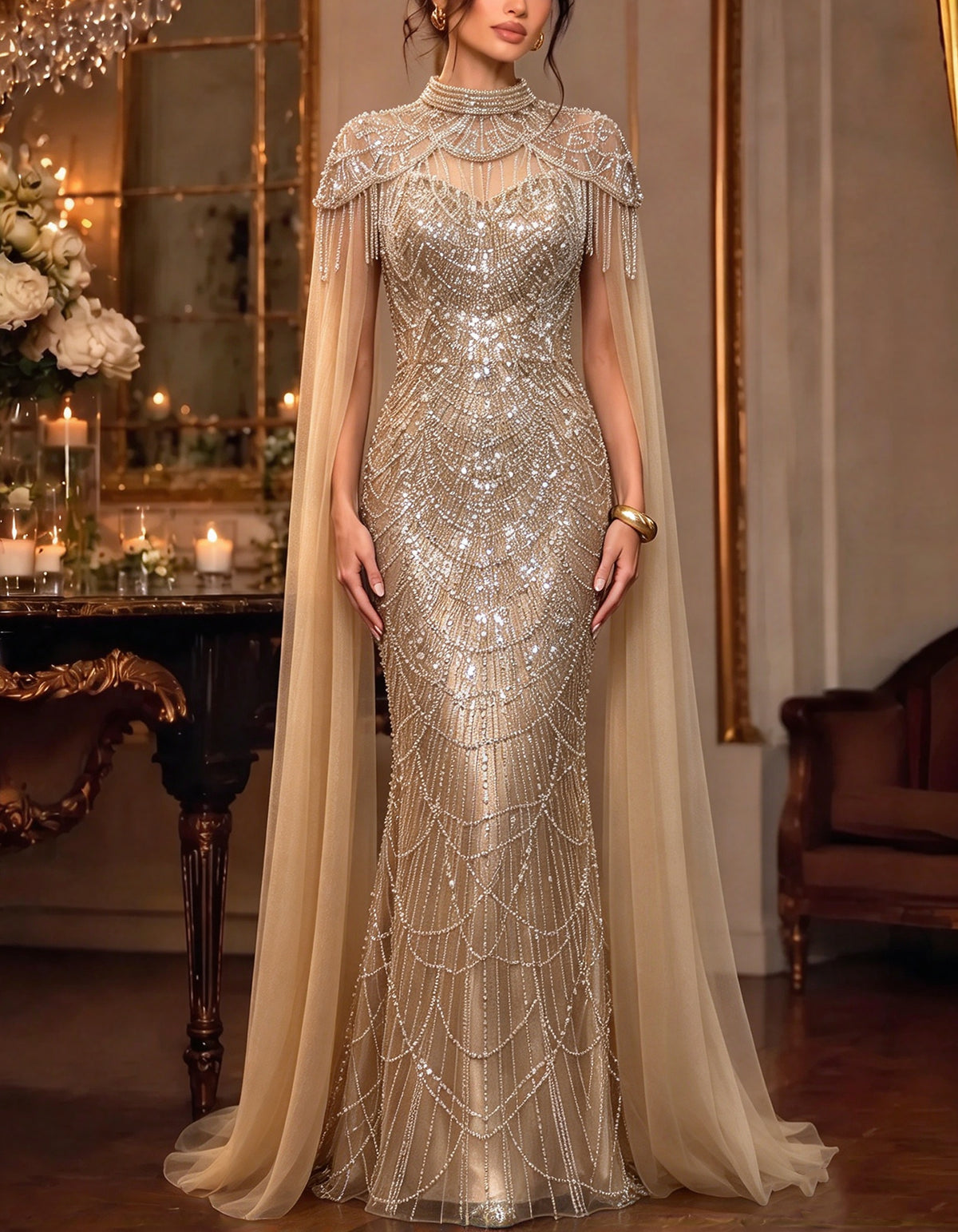 Champagne High Neck Beaded Cape Tulle Maxi Dress
