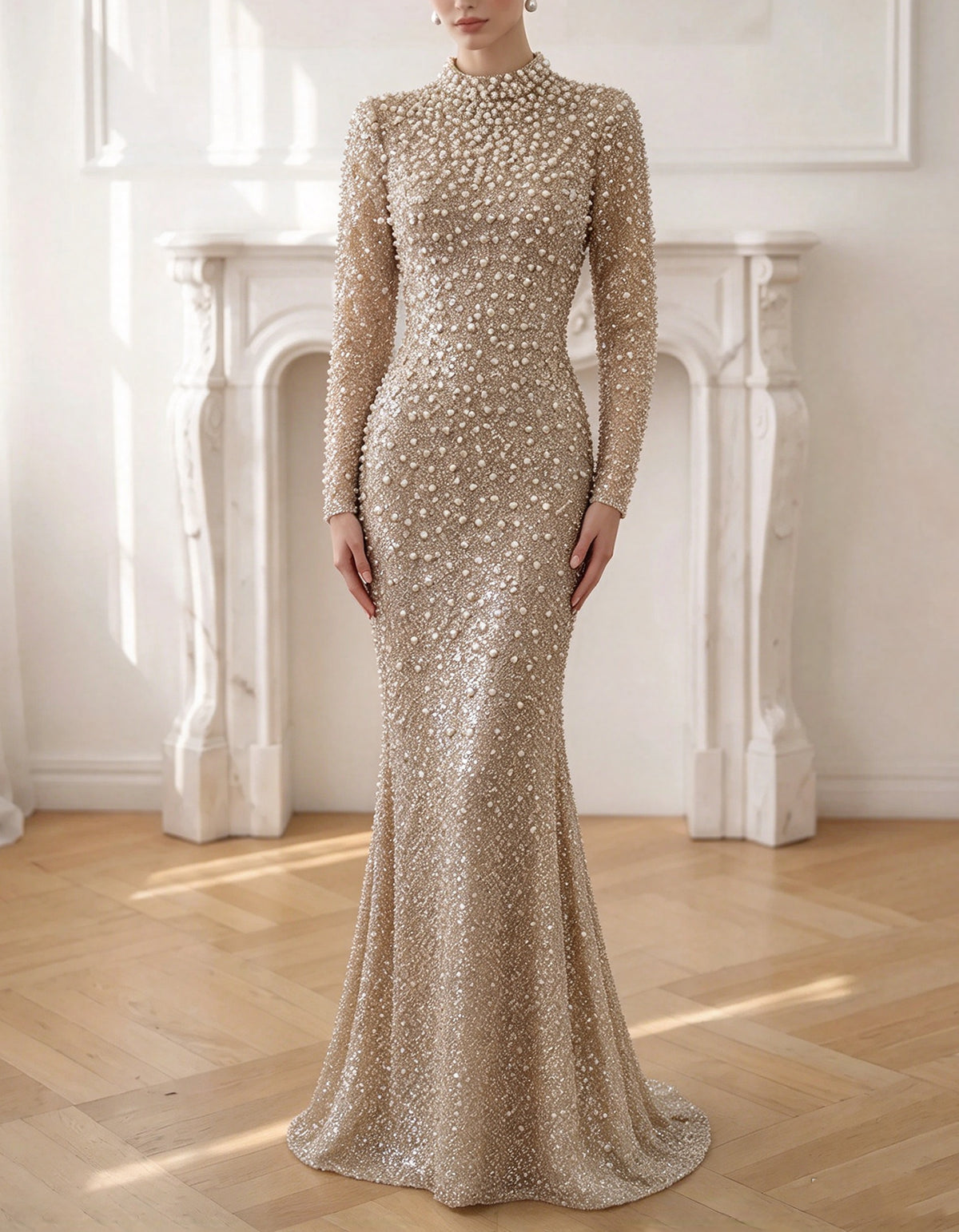 Champagne High Neck Pearl Beaded Mesh Maxi Dress
