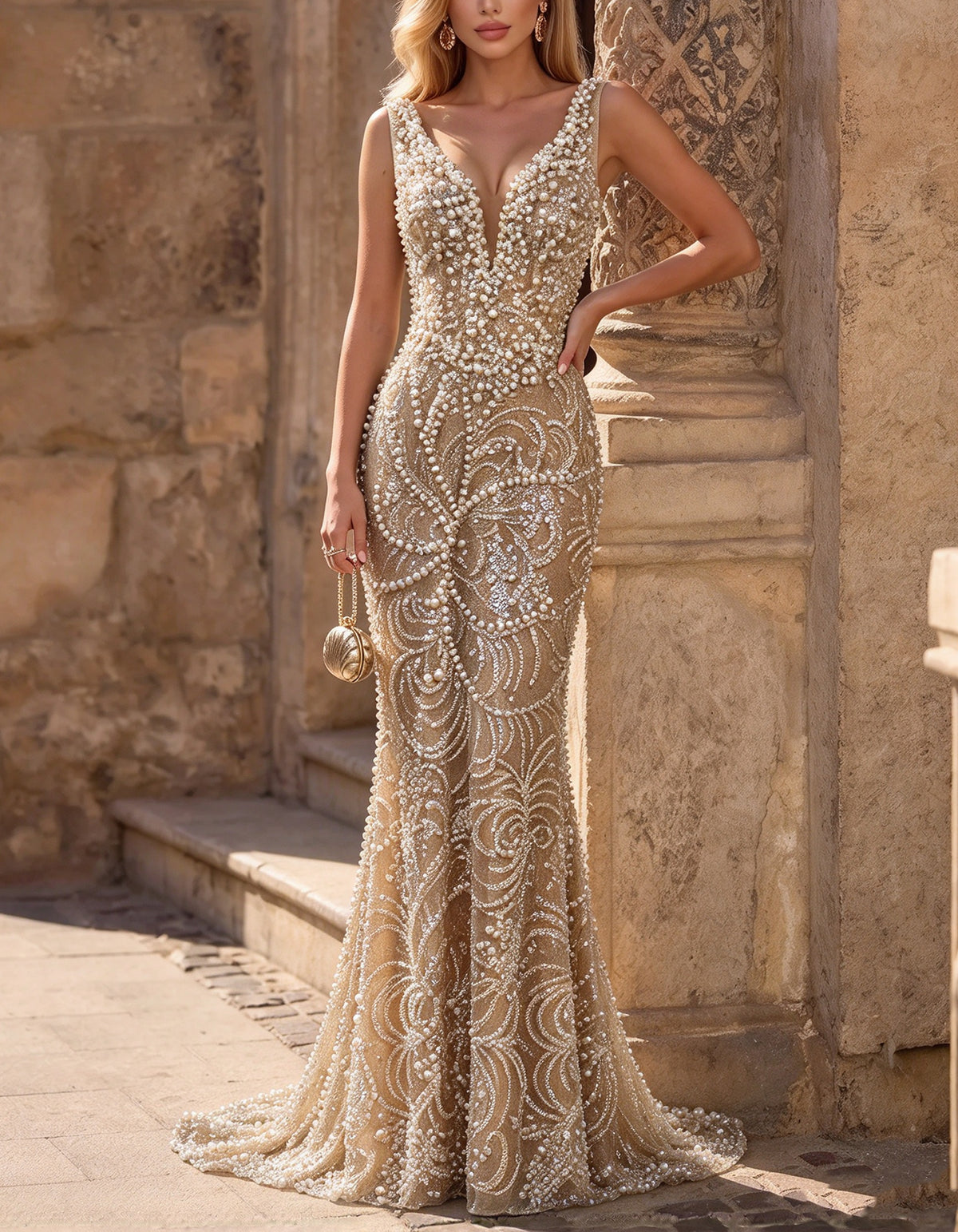 Champagne Deep V Sleeveless Pearl Beaded Mesh Maxi Dress