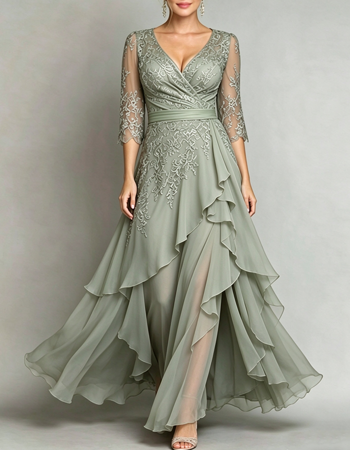 V-neck Three-quarter Sleeves Chiffon Maxi Dress