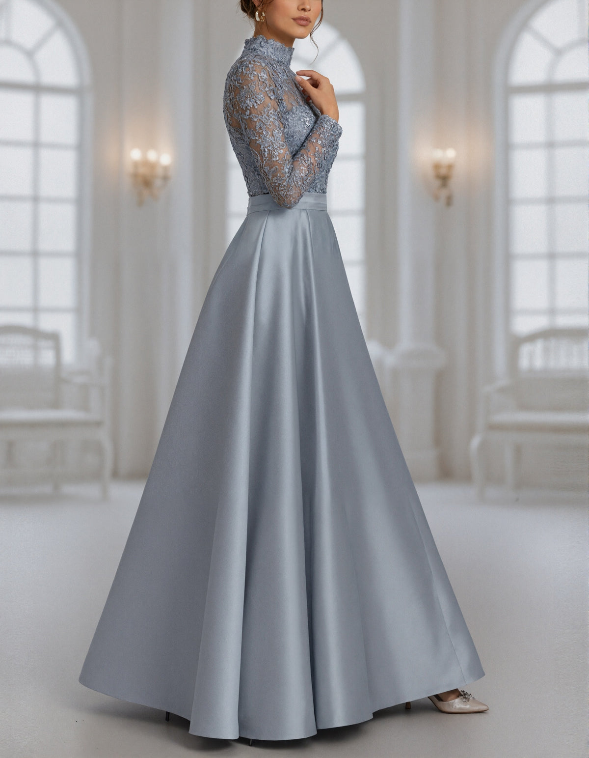 Solid Color High Neck Satin Paneling With Floral Lace And Sequins Maxi Dress