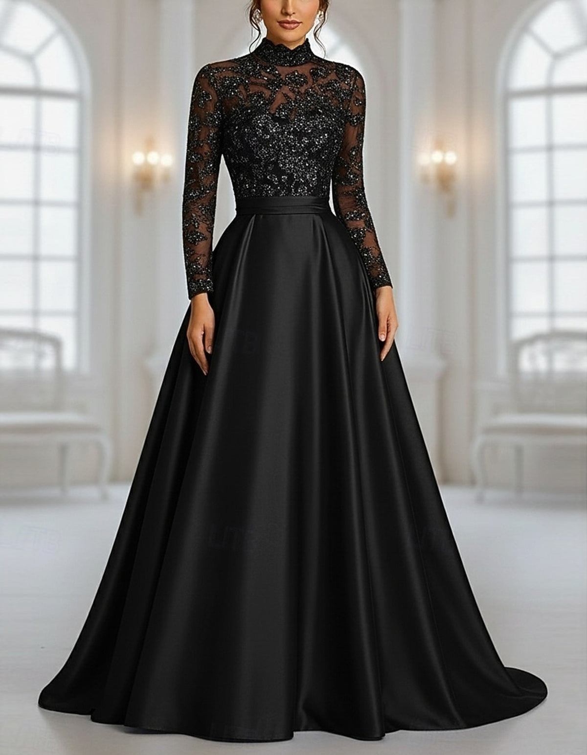 Solid Color High Neck Satin Paneling With Floral Lace And Sequins Maxi Dress