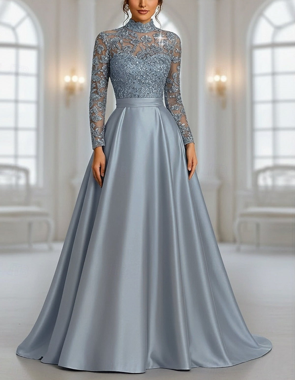 Solid Color High Neck Satin Paneling With Floral Lace And Sequins Maxi Dress