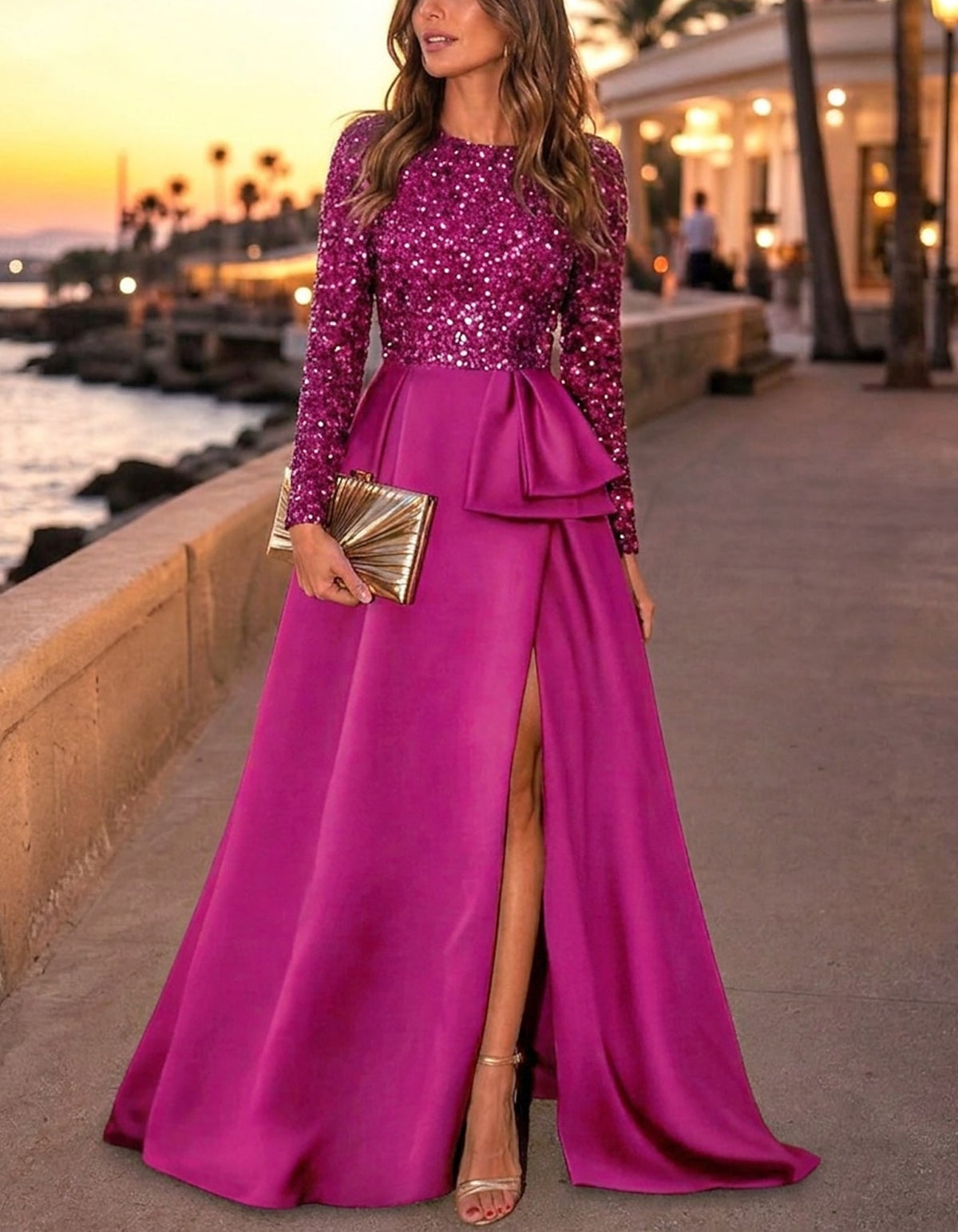 Solid Color Sequin And Satin Paneling Maxi Dress