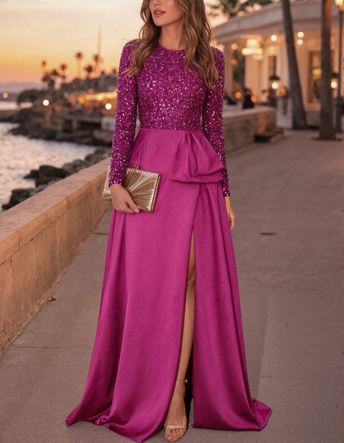 Solid Color Sequin And Satin Paneling Maxi Dress