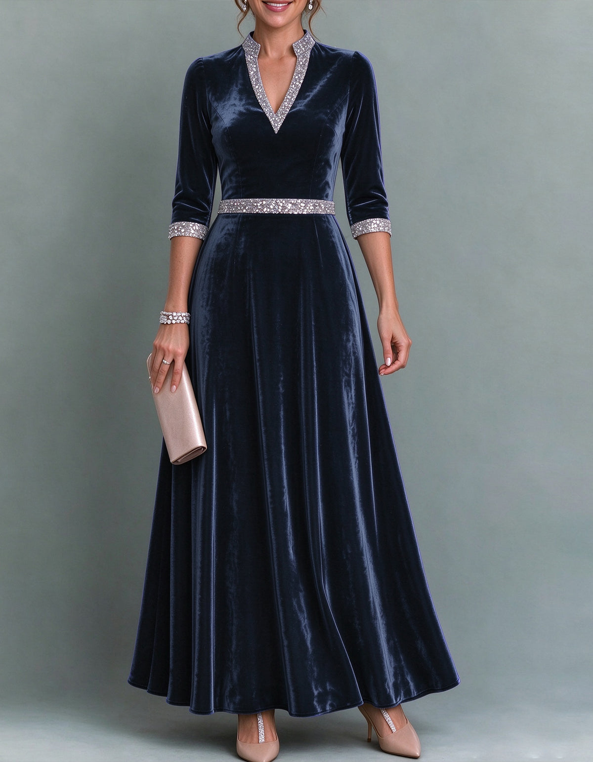 Dark Blue Velvet With Sequins Maxi Dress