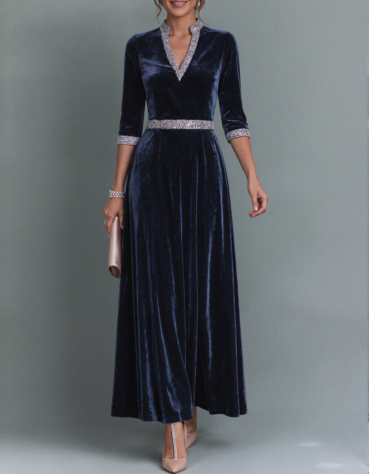 Dark Blue Velvet With Sequins Maxi Dress