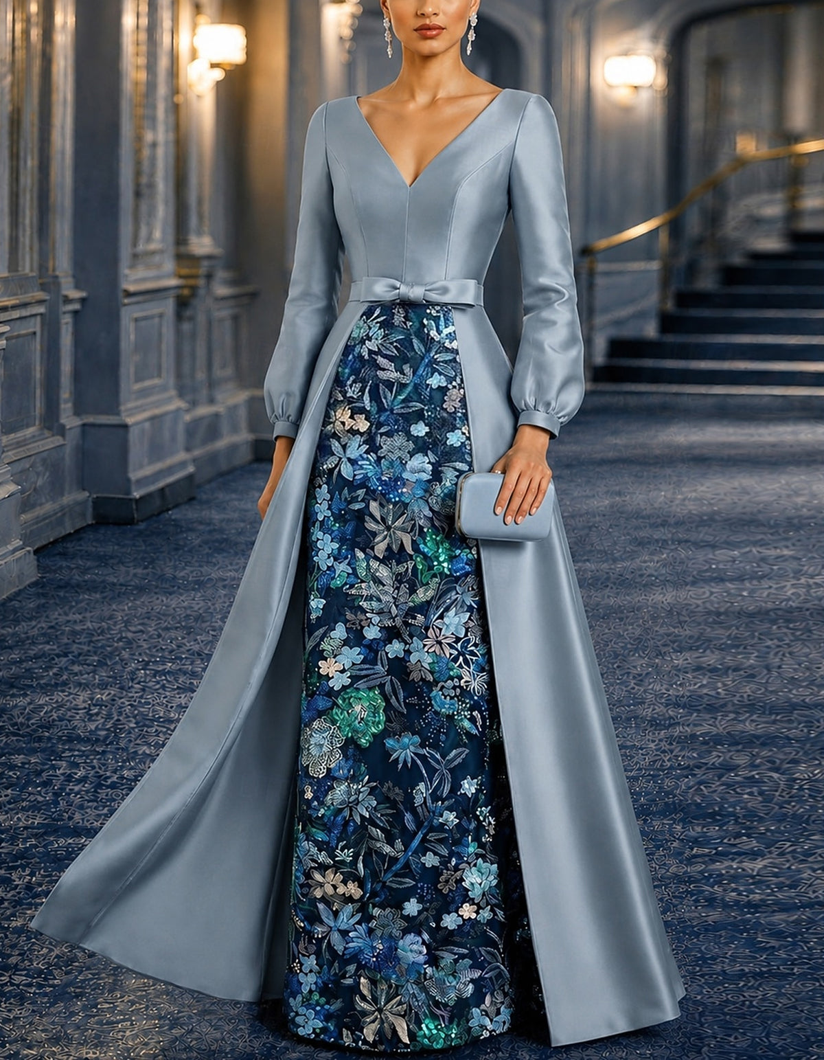 Solid Color Satin V-Neck With Sequins Maxi Dress