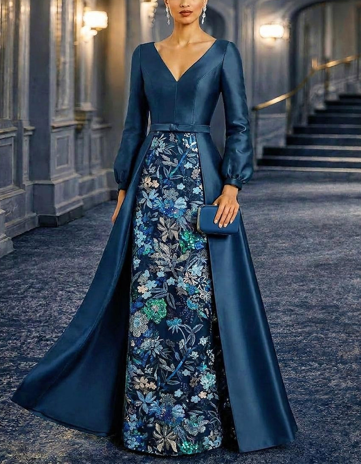 Solid Color Satin V-Neck With Sequins Maxi Dress