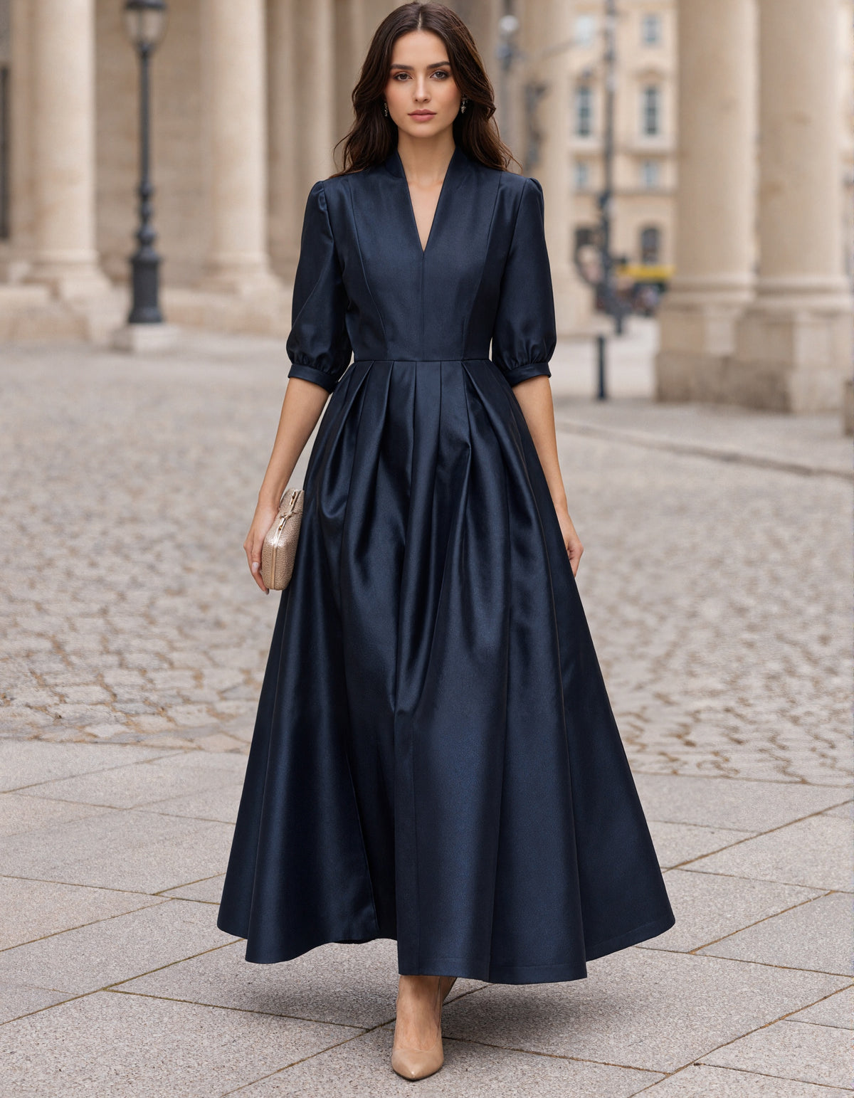 Solid Color Satin V-Neck Maxi Dress