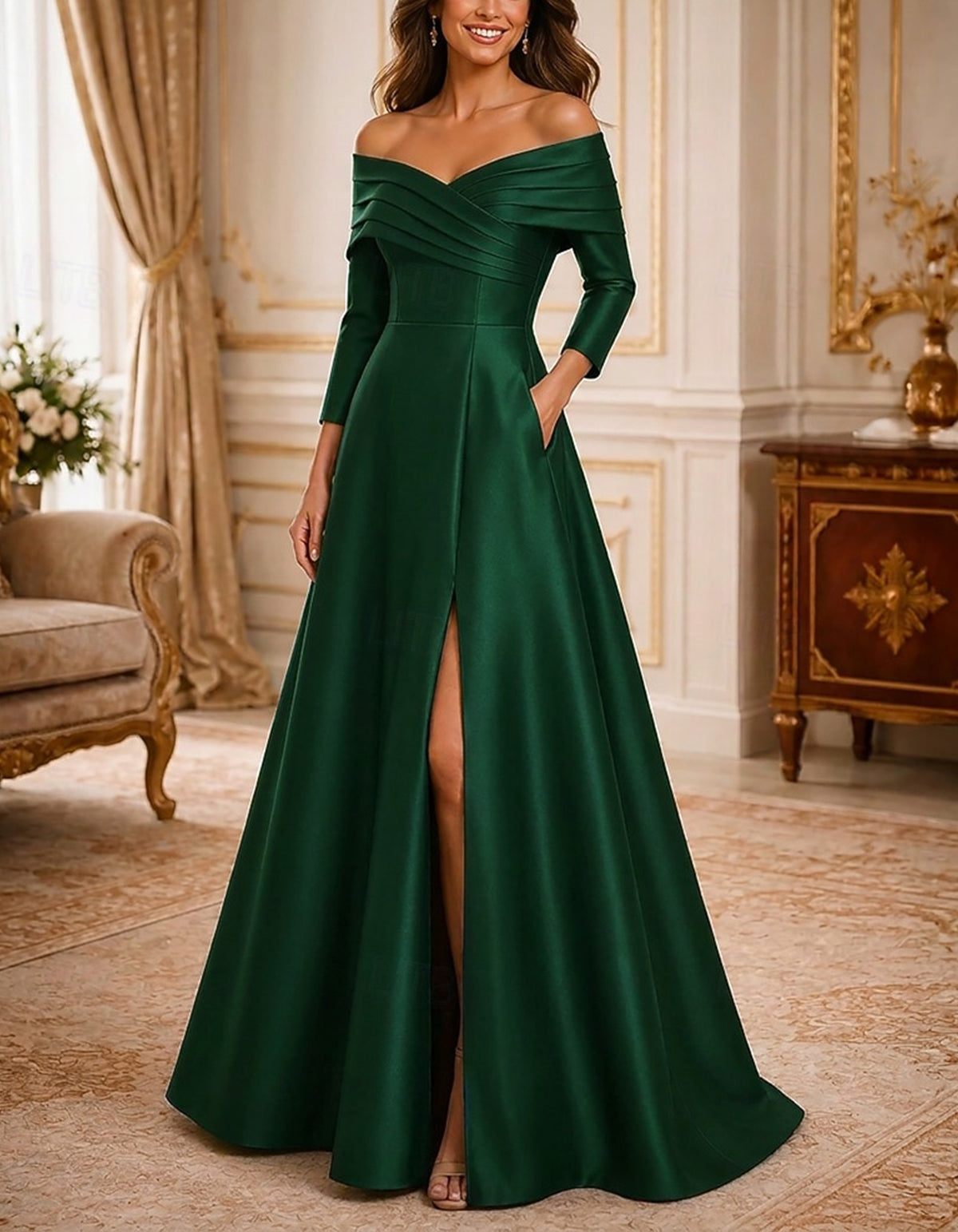 Solid Color Off The Shoulder Satin Maxi Dress