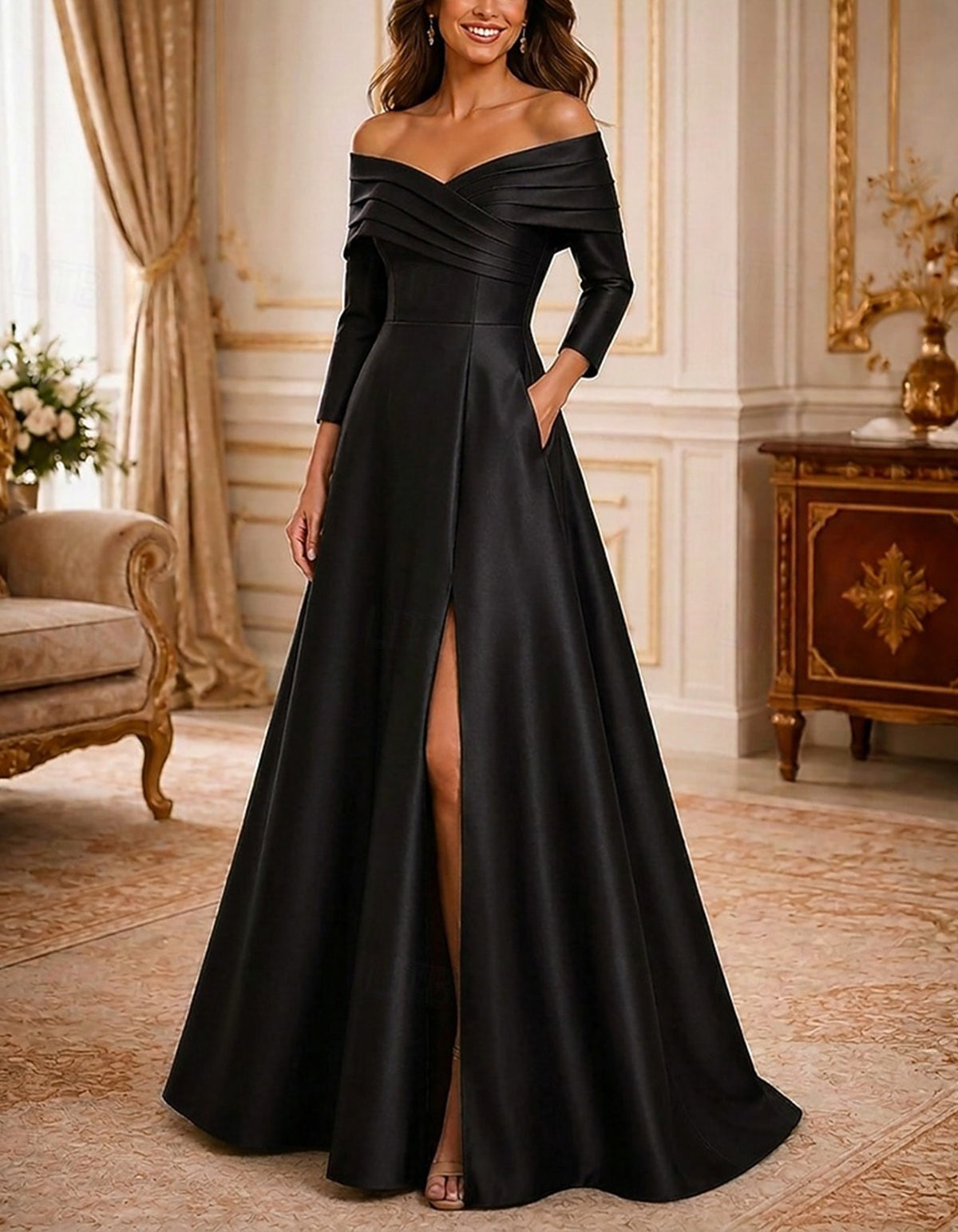 Solid Color Off The Shoulder Satin Maxi Dress
