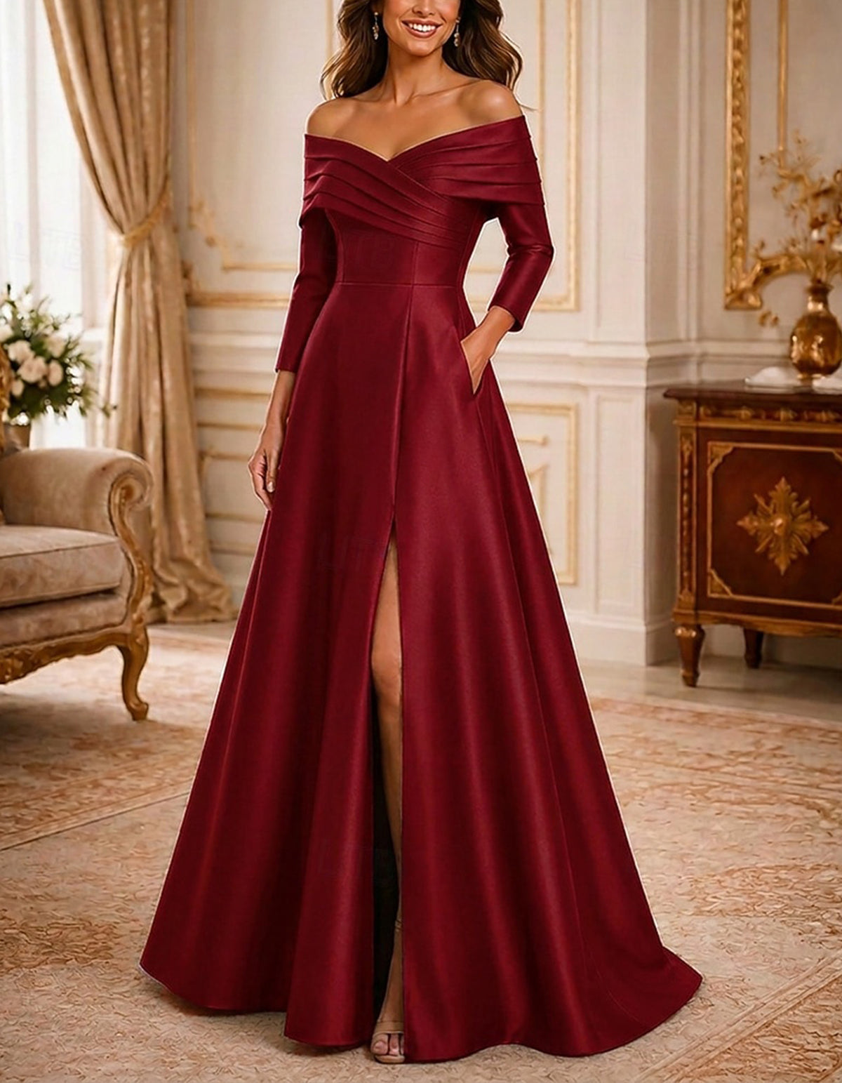 Solid Color Off The Shoulder Satin Maxi Dress