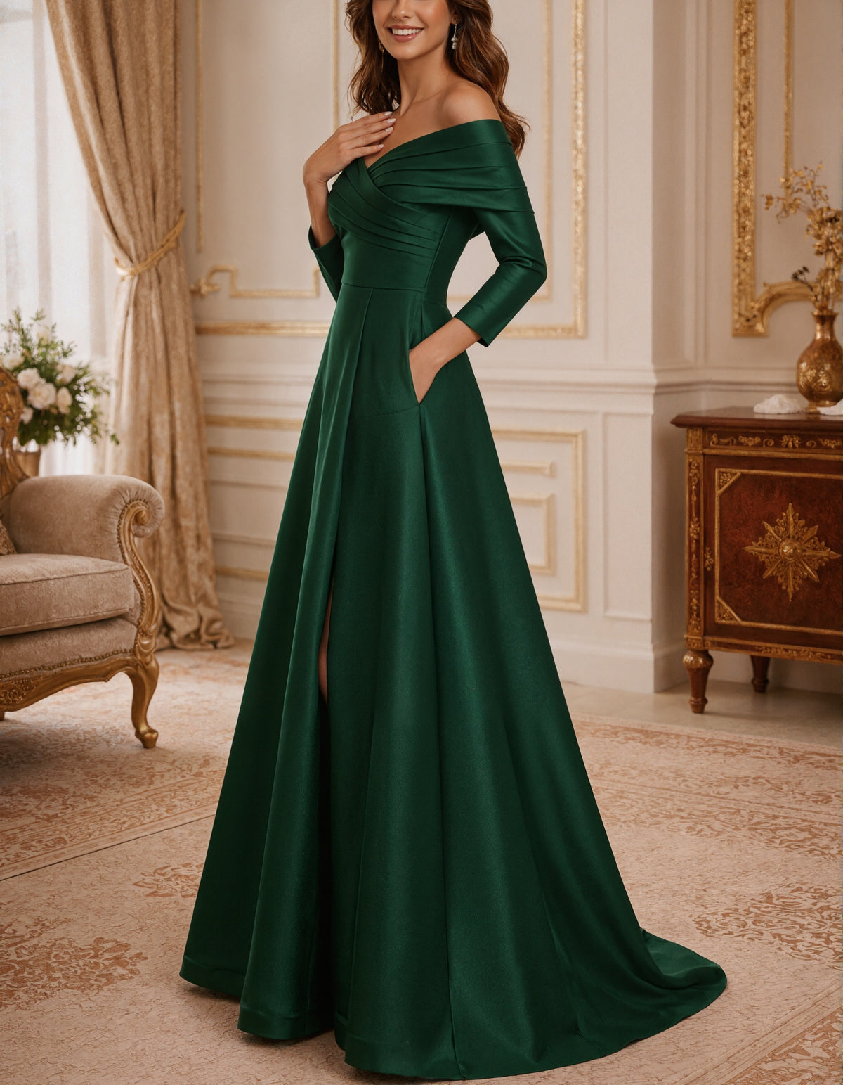 Solid Color Off The Shoulder Satin Maxi Dress