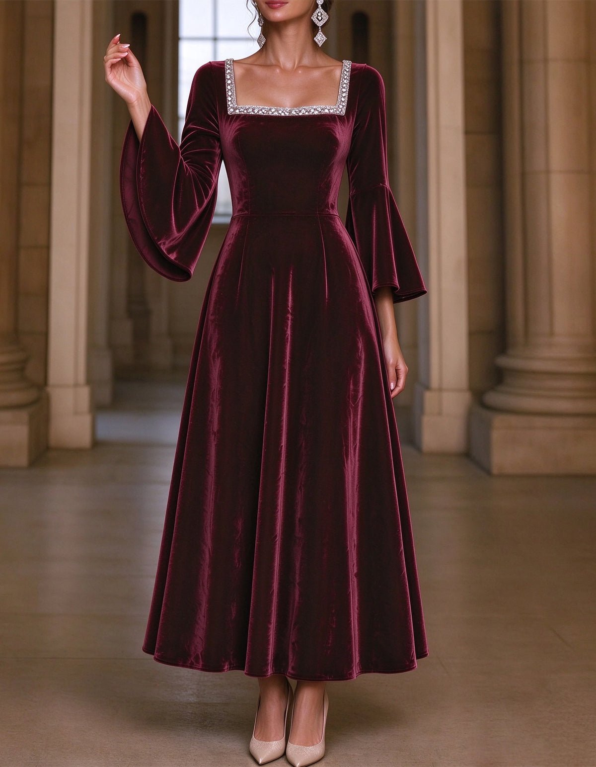 Burgundy Velvet With A Silver Sequined Collar Midi Dress