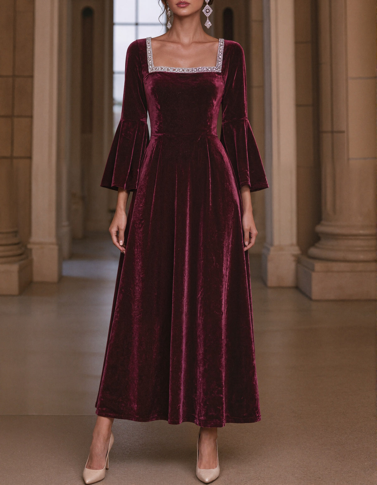 Burgundy Velvet With A Silver Sequined Collar Midi Dress