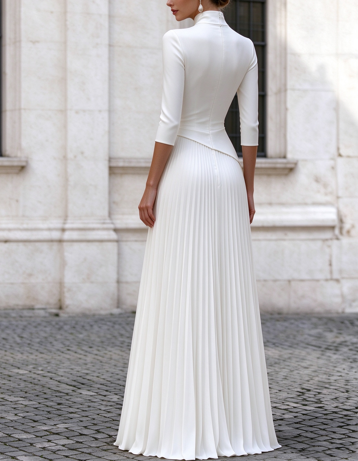 High Neck 3/4 Sleeve Asymmetrical Waist Pleated Maxi Dress