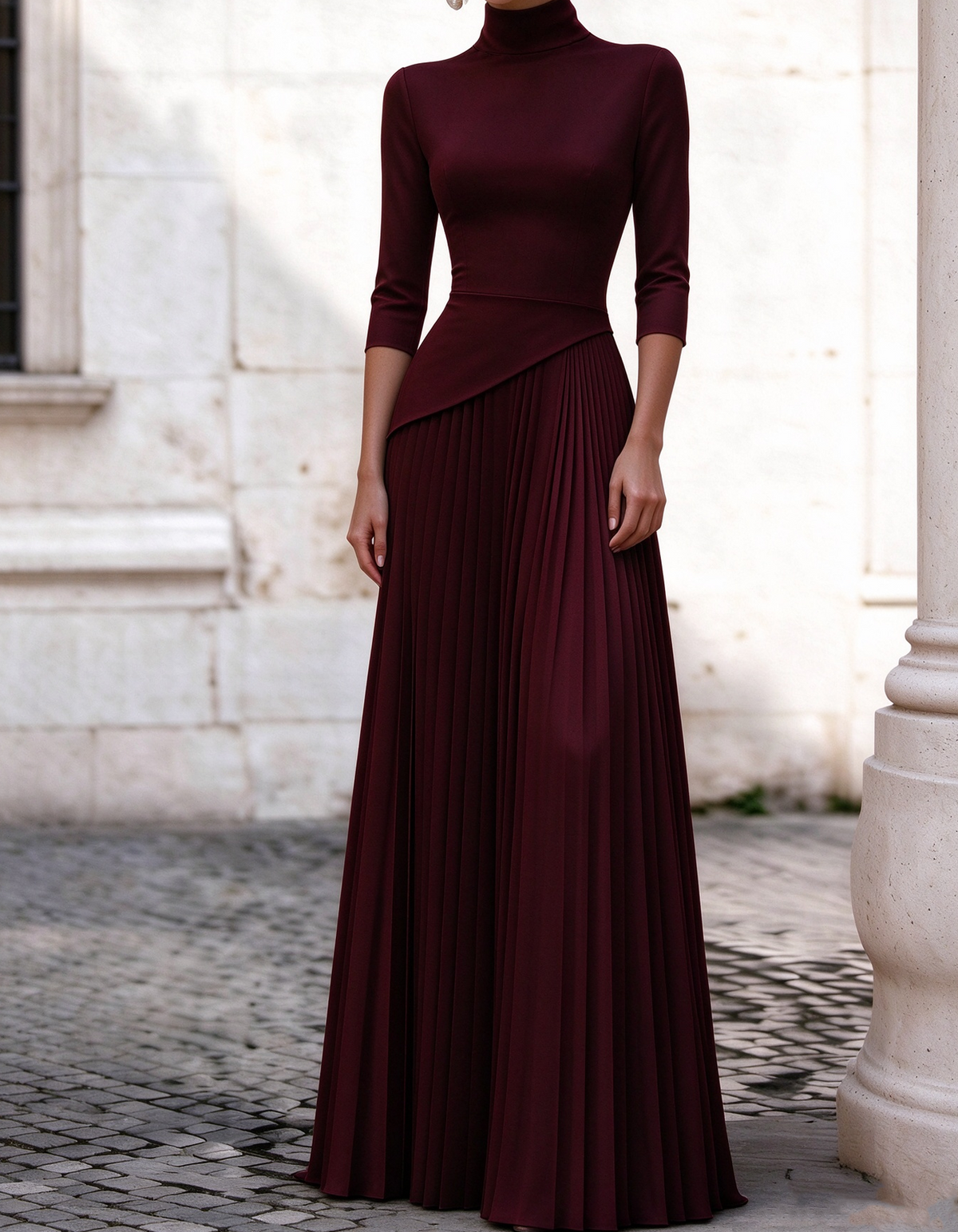 High Neck 3/4 Sleeve Asymmetrical Waist Pleated Maxi Dress