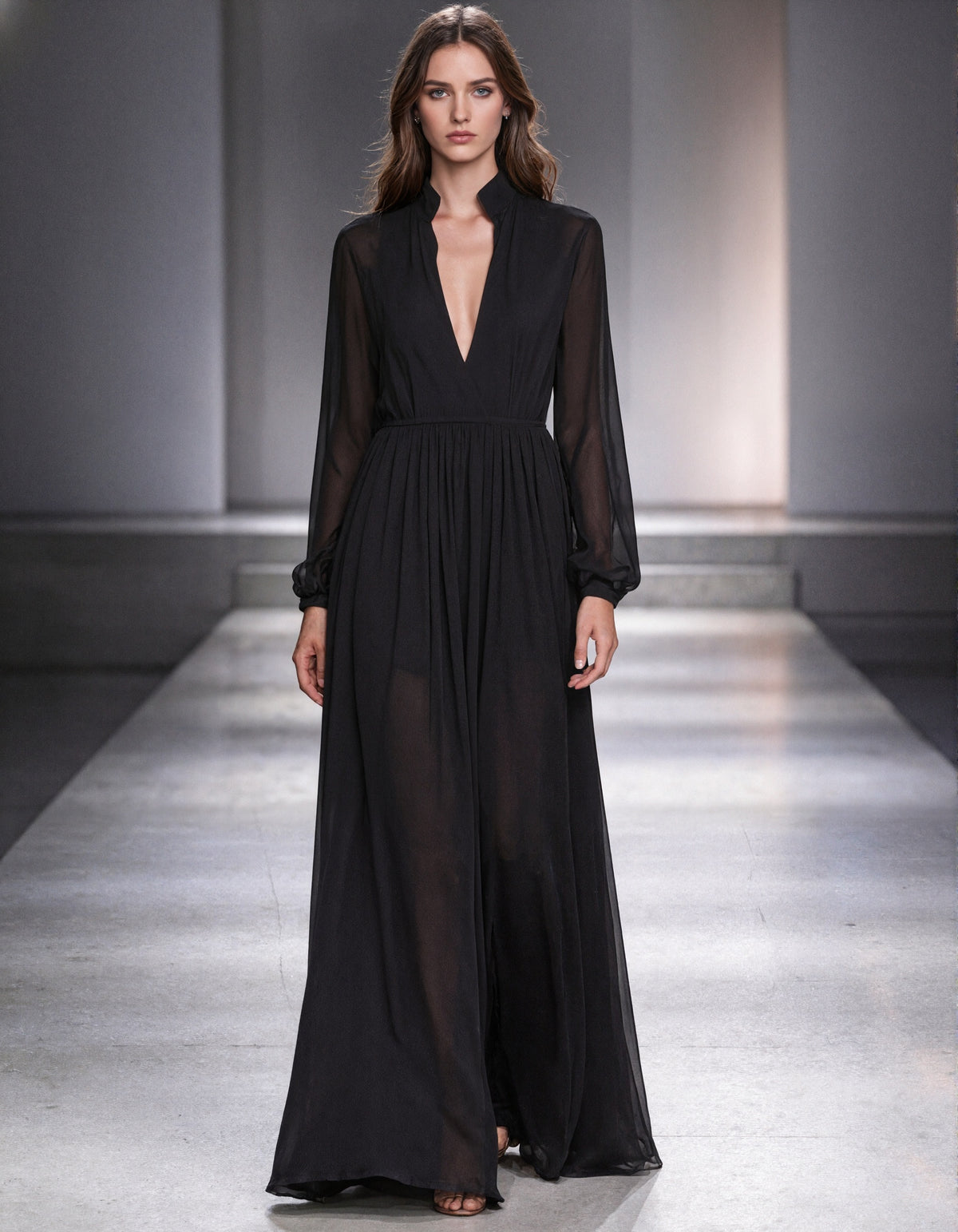 Black Chiffon Long Sleeve With A Stand Collar Maxi Dress