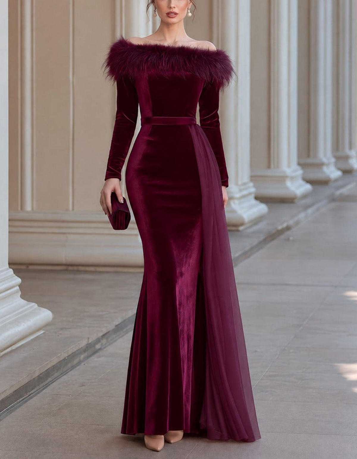 Burgundy Velvet Off The Shoulder With Feather Trim Maxi Dress