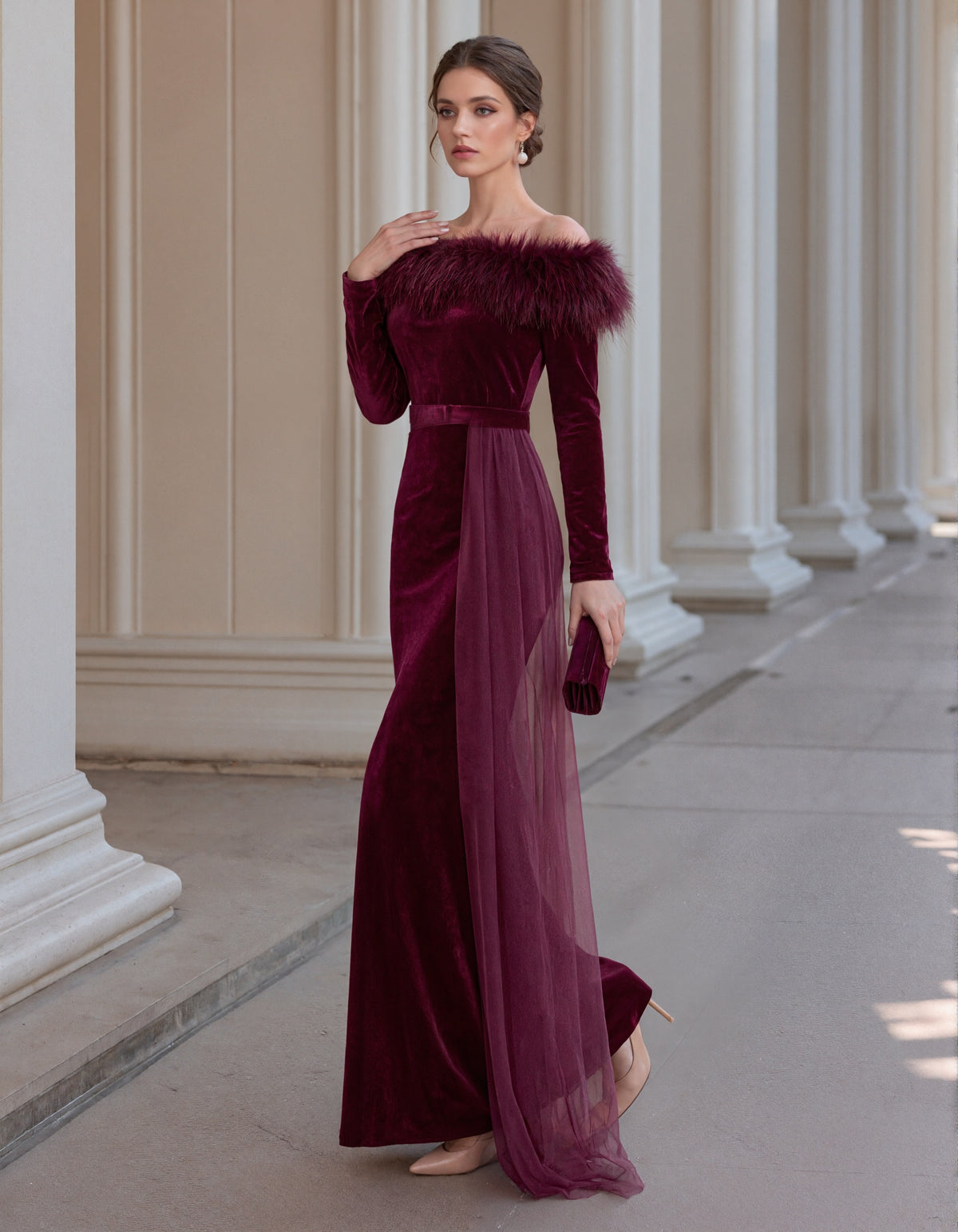 Burgundy Velvet Off The Shoulder With Feather Trim Maxi Dress