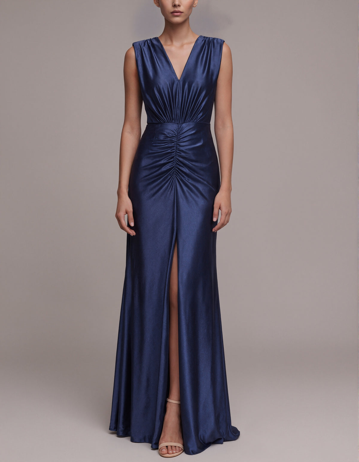 Dark Blue Satin Sleeveless V-Neck With Pleats Maxi Dress