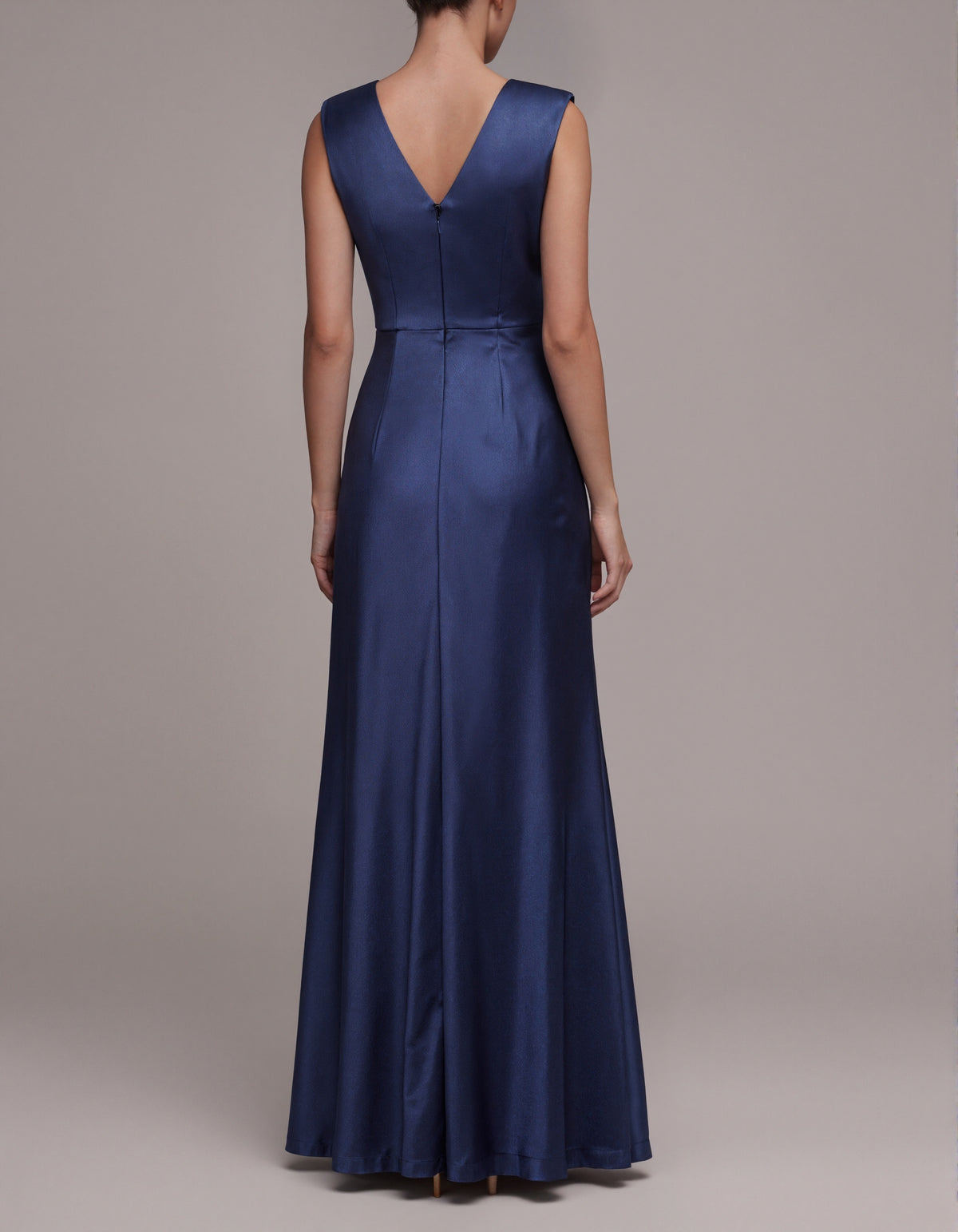 Dark Blue Satin Sleeveless V-Neck With Pleats Maxi Dress