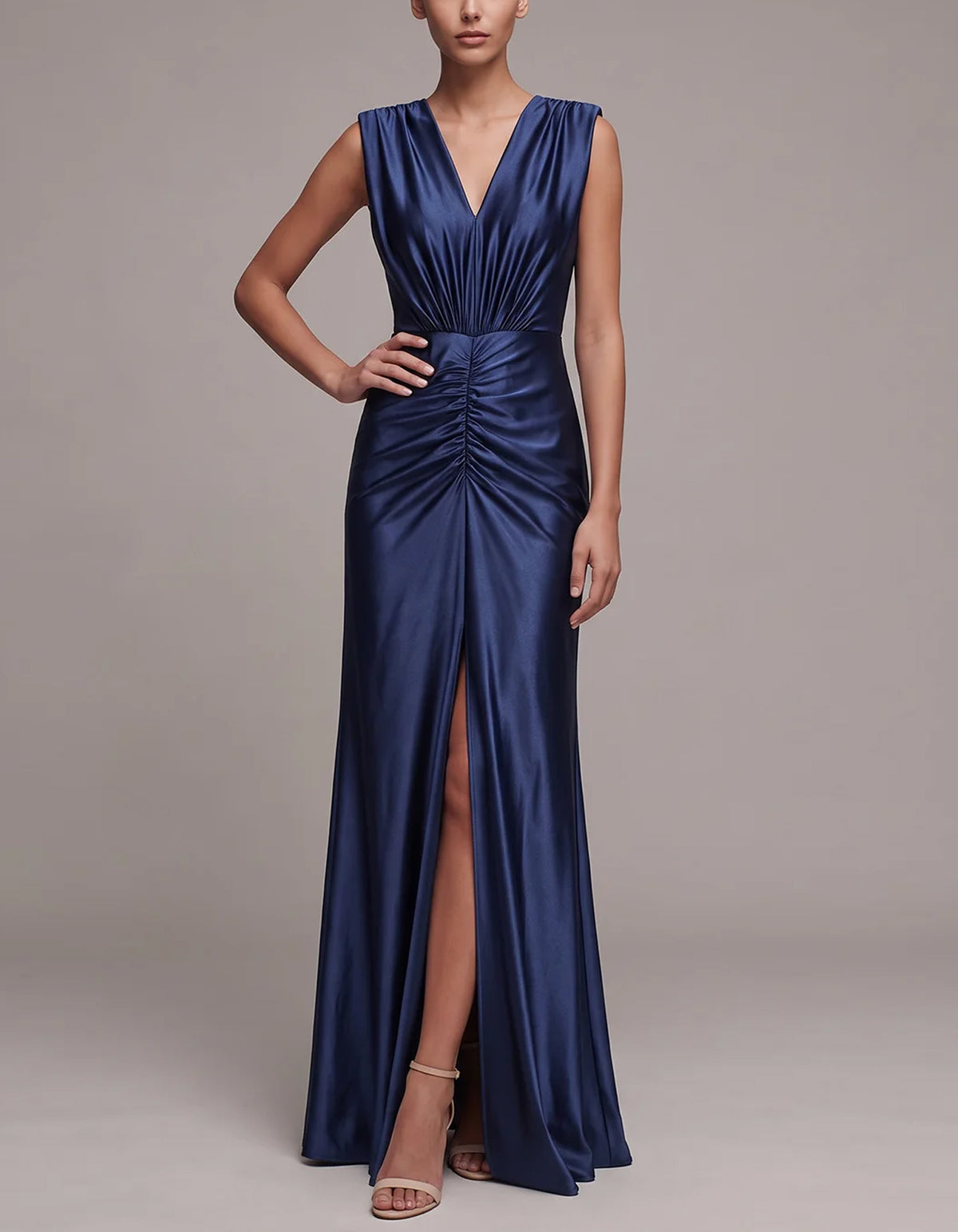Dark Blue Satin Sleeveless V-Neck With Pleats Maxi Dress