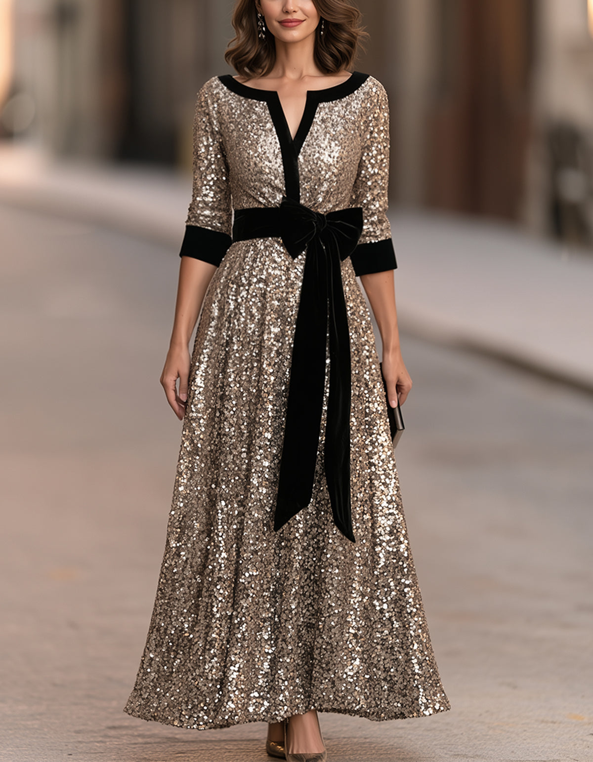 Champagne Sequined V-Neck Maxi Dress