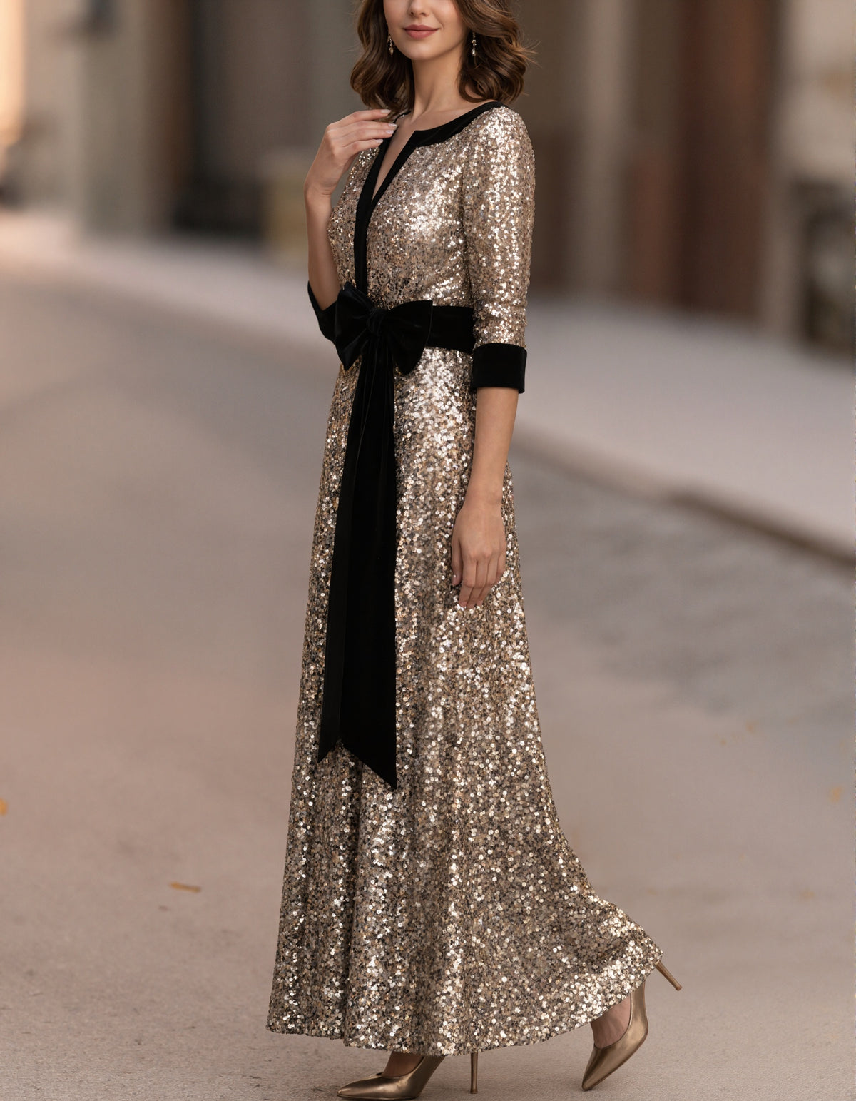 Champagne Sequined V-Neck Maxi Dress