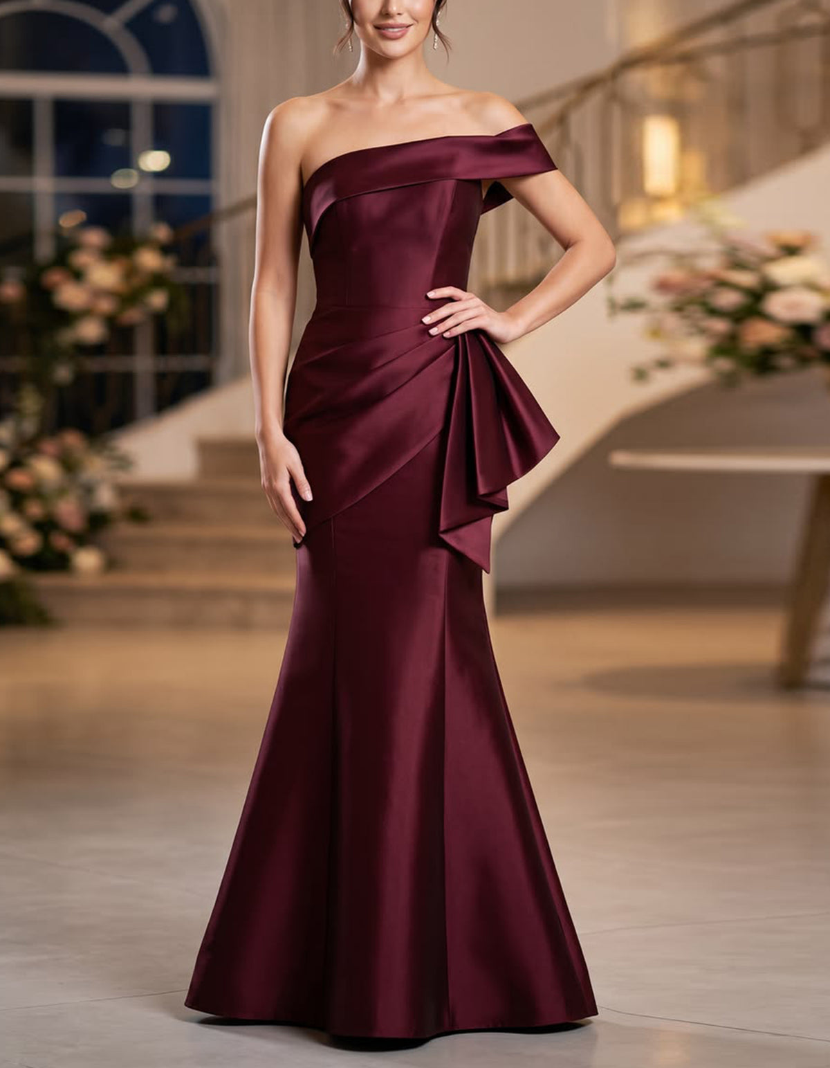 Burgundy Satin Off The Shoulder Mermaid Maxi Dress